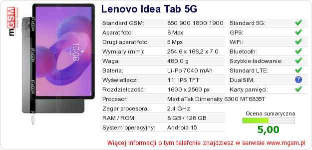 Dane telefonu Lenovo Idea Tab 5G