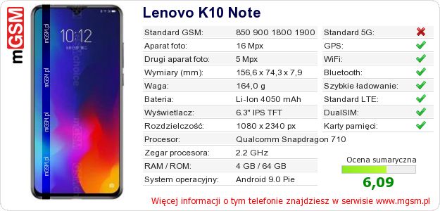Dane telefonu Lenovo K10 Note Dane telefonu Lenovo K10 Note