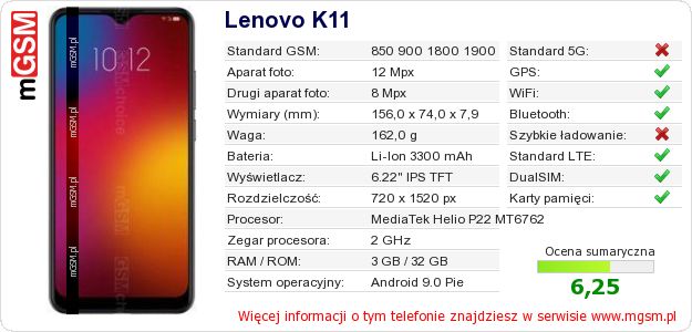 Dane telefonu Lenovo K11 Dane telefonu Lenovo K11