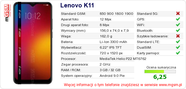 Dane telefonu Lenovo K11