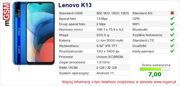 Dane telefonu Lenovo K13 Dane telefonu Lenovo K13