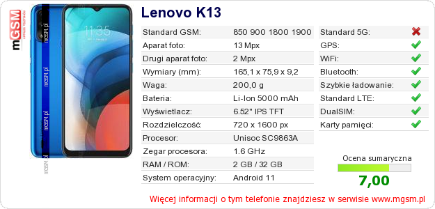Dane telefonu Lenovo K13