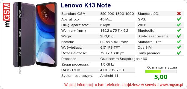 Dane telefonu Lenovo K13 Note Dane telefonu Lenovo K13 Note