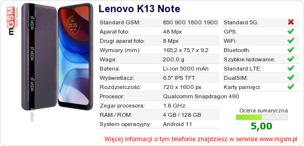 Dane telefonu Lenovo K13 Note