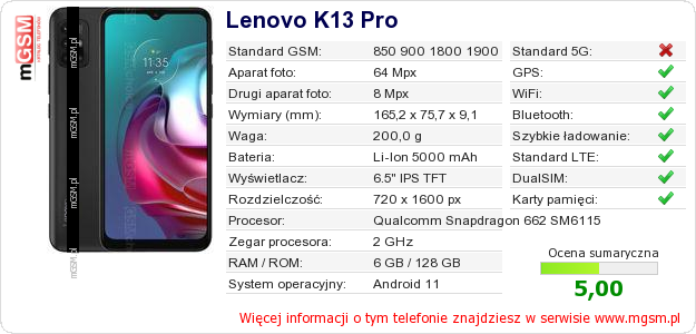 Dane telefonu Lenovo K13 Pro