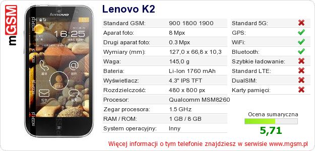 Dane telefonu Lenovo K2 Dane telefonu Lenovo K2