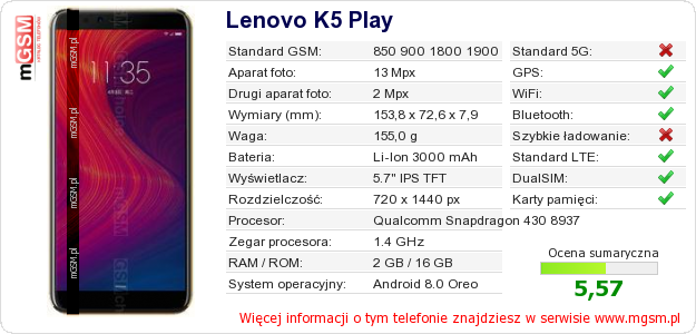 Dane telefonu Lenovo K5 Play Dane telefonu Lenovo K5 Play
