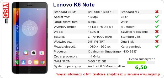 Dane telefonu Lenovo K6 Note Dane telefonu Lenovo K6 Note