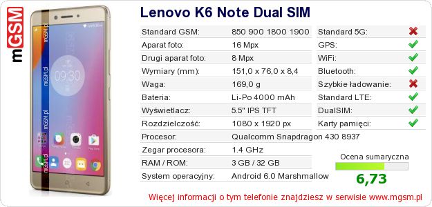 Dane telefonu Lenovo K6 Note Dual SIM Dane telefonu Lenovo K6 Note Dual SIM