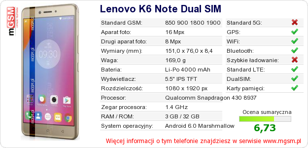 Dane telefonu Lenovo K6 Note Dual SIM