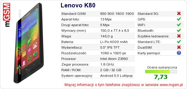 Dane telefonu Lenovo K80 Dane telefonu Lenovo K80