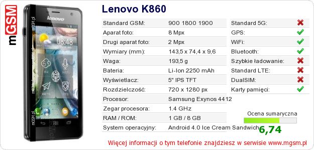 Dane telefonu Lenovo K860 Dane telefonu Lenovo K860