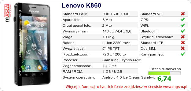 Dane telefonu Lenovo K860