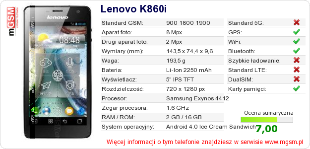 Dane telefonu Lenovo K860i