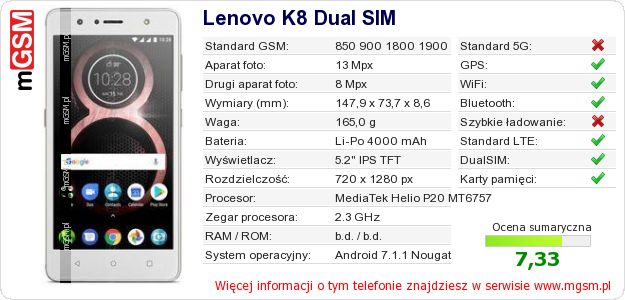 Dane telefonu Lenovo K8 Dual SIM