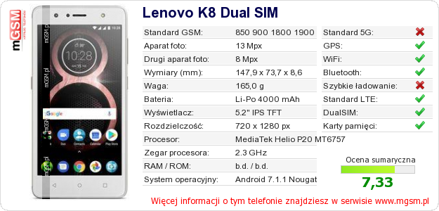 Dane telefonu Lenovo K8 Dual SIM