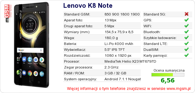 Dane telefonu Lenovo K8 Note Dane telefonu Lenovo K8 Note