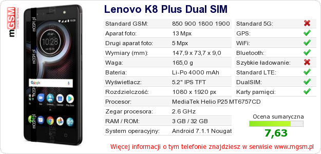 Dane telefonu Lenovo K8 Plus Dual SIM Dane telefonu Lenovo K8 Plus Dual SIM