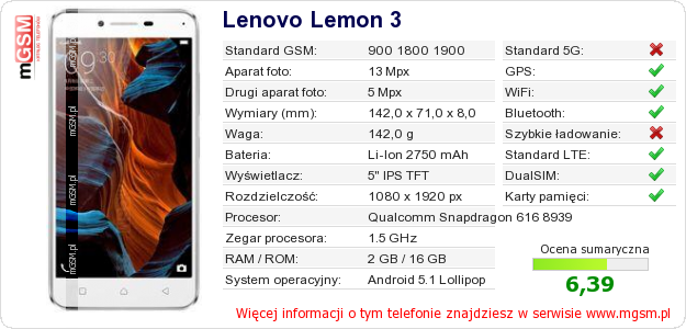 Dane telefonu Lenovo Lemon 3