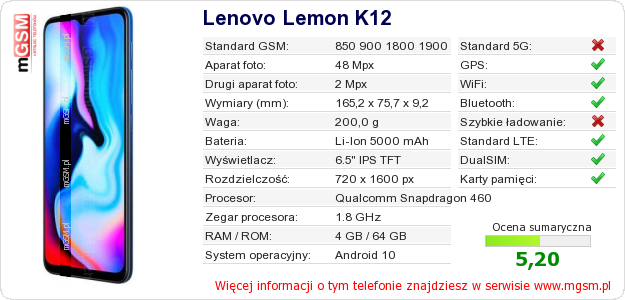 Dane telefonu Lenovo Lemon K12 Dane telefonu Lenovo Lemon K12
