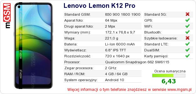 Dane telefonu Lenovo Lemon K12 Pro