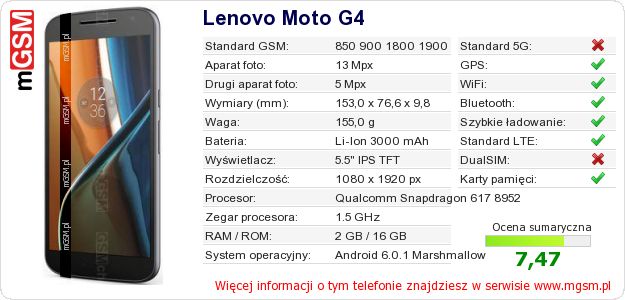 Dane telefonu Lenovo Moto G4