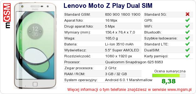 Dane telefonu Lenovo Moto Z Play Dual SIM Dane telefonu Lenovo Moto Z Play Dual SIM