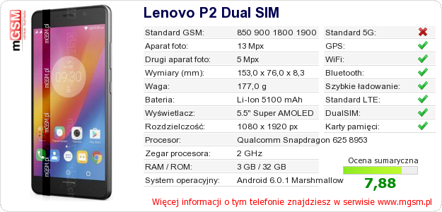 Dane telefonu Lenovo P2 Dual SIM Dane telefonu Lenovo P2 Dual SIM