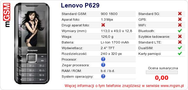Dane telefonu Lenovo P629 Dane telefonu Lenovo P629