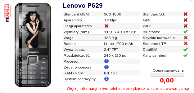 Dane telefonu Lenovo P629 Dane telefonu Lenovo P629