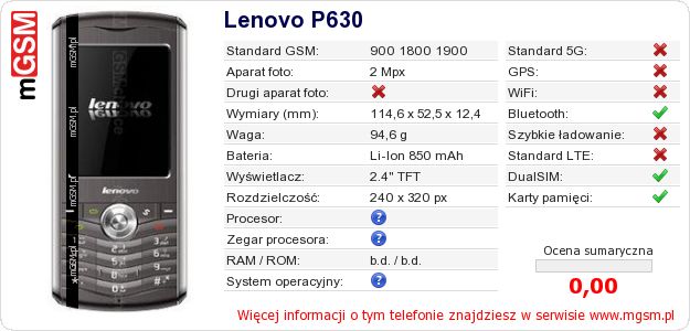 Dane telefonu Lenovo P630