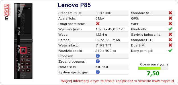 Dane telefonu Lenovo P85