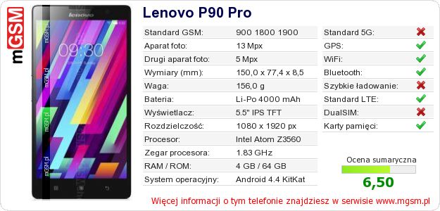 Dane telefonu Lenovo P90 Pro Dane telefonu Lenovo P90 Pro