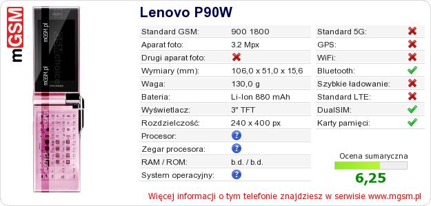 Dane telefonu Lenovo P90W