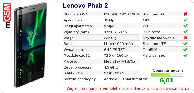 Dane telefonu Lenovo Phab 2