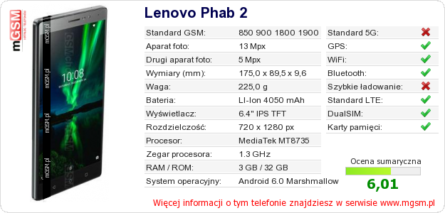 Dane telefonu Lenovo Phab 2