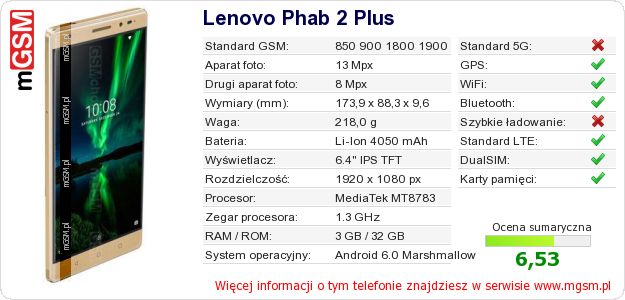 Dane telefonu Lenovo Phab 2 Plus Dane telefonu Lenovo Phab 2 Plus