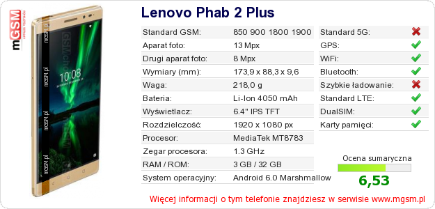 Dane telefonu Lenovo Phab 2 Plus