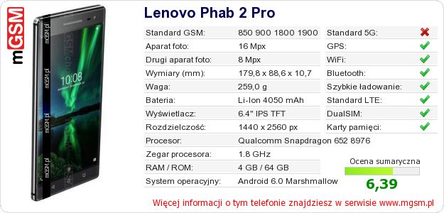 Dane telefonu Lenovo Phab 2 Pro Dane telefonu Lenovo Phab 2 Pro