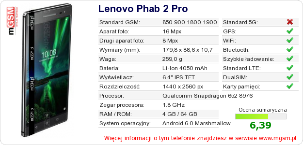 Dane telefonu Lenovo Phab 2 Pro