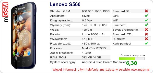 Dane telefonu Lenovo S560