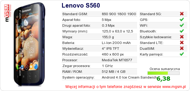 Dane telefonu Lenovo S560