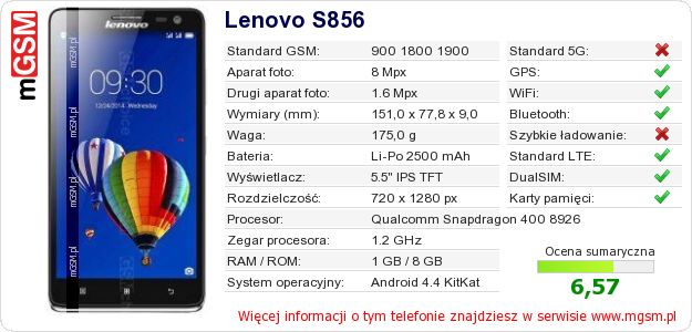 Dane telefonu Lenovo S856 Dane telefonu Lenovo S856