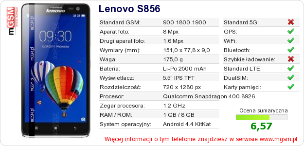 Dane telefonu Lenovo S856