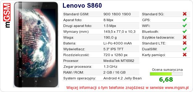 Dane telefonu Lenovo S860 Dane telefonu Lenovo S860