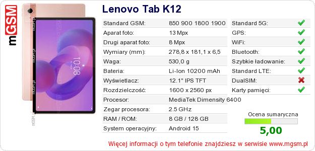 Dane telefonu Lenovo Tab K12 Dane telefonu Lenovo Tab K12