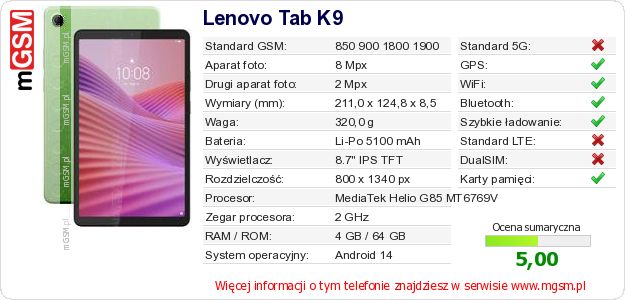 Dane telefonu Lenovo Tab K9 Dane telefonu Lenovo Tab K9