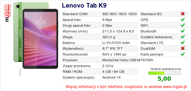 Dane telefonu Lenovo Tab K9
