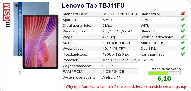 Dane telefonu Lenovo Tab TB311FU