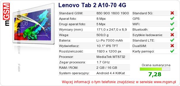 Dane telefonu Lenovo Tab 2 A10-70 4G Dane telefonu Lenovo Tab 2 A10-70 4G